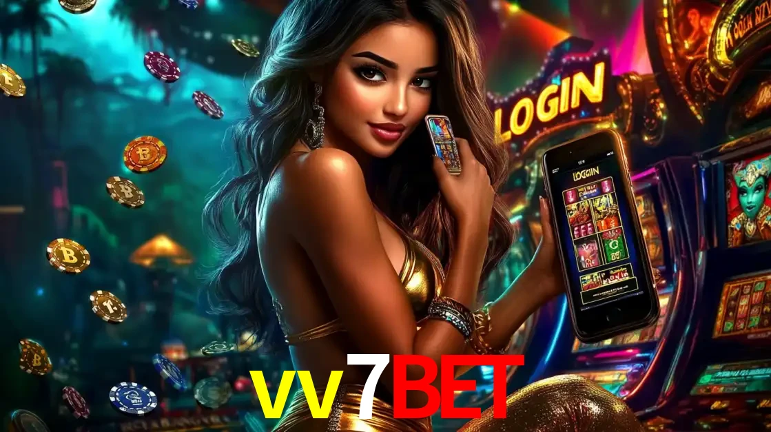 Mulher em um cenário de cassino temático de aventura, mostrando o app de caça-níqueis da vv7bet no celular. Fichas de apostas flutuam ao redor.