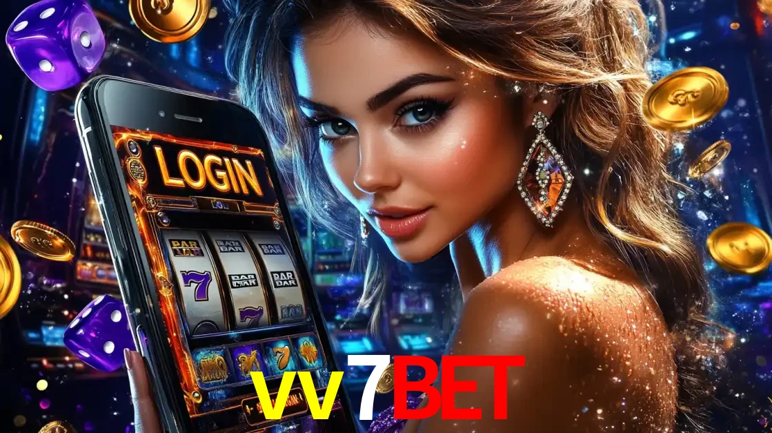 Mulher glamorosa segurando um smartphone com a tela de login para os jogos de caça-níqueis do cassino online vv7bet, com moedas de ouro e dados ao redor.