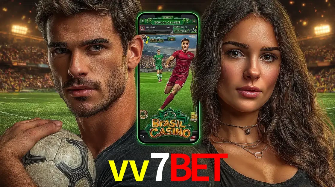 Homem segurando uma bola de futebol e uma mulher ao lado de um smartphone exibindo o jogo de apostas esportivas da vv7bet. Faça seu palpite no cassino online.